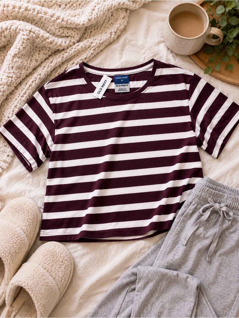 Old Navy Sunday Sleep Striped Lounge Tee Burgundy White M NWT